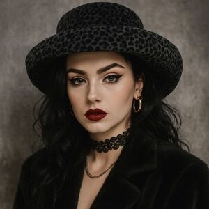 Vintage 90s David Cohen Leopard Velor Hat Gray Black Curled Brim Retro Glam‎